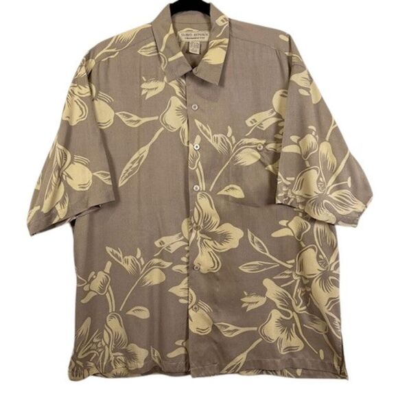 Island Republic 100% Silk Hawaiian Print Button Front Shirt Tan Cream Size Large - Picture 1 of 9
